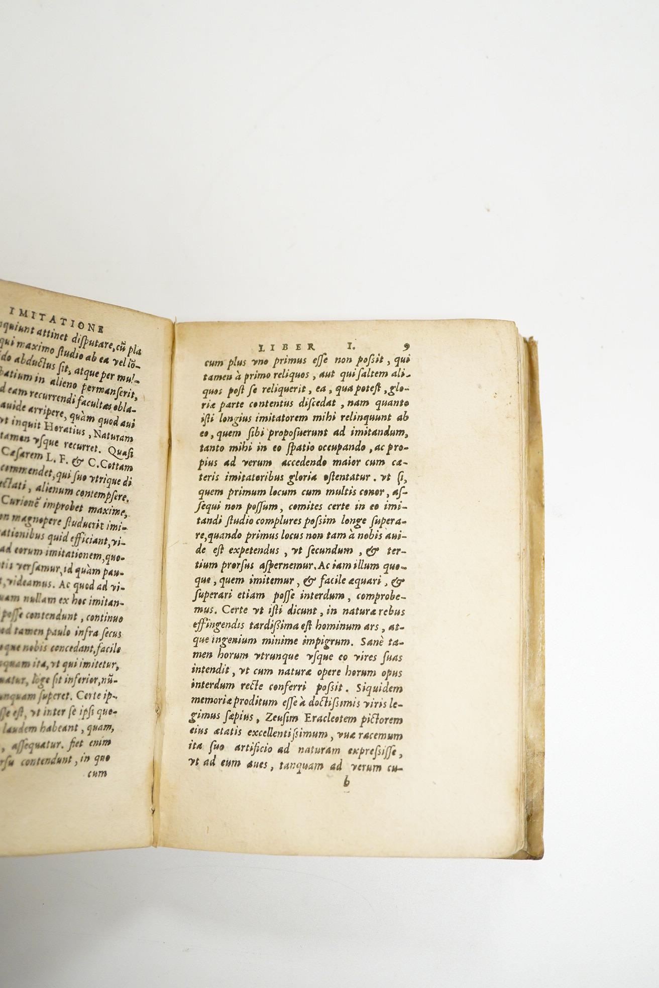 Riccius, Bartholomeaues - De Imitatione libri tres ad Alfonsum atestium principem suum in literis alumnum Hercules II. (?3rd edition) engraved title device, decorated initial letters, 104ff.; old vellum, 16mo. Paris: Ber